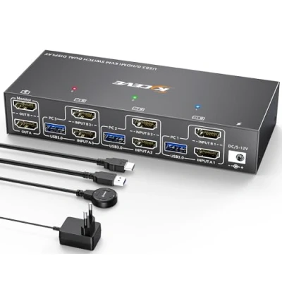 Imagen de Switch KVM USB 3.0 HDMI 2 Monitores 3 Computadoras, Conmutador YOUTINGHDAV 4K@60Hz EDID 2.0, Dual Monitor PC Compartir Teclado, Ratón, con Control Remoto Cable y 5