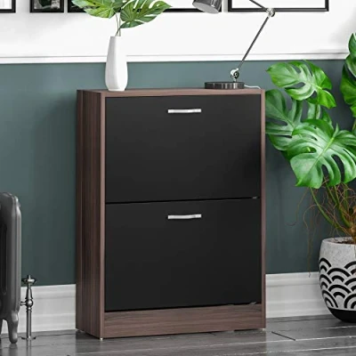 Imagen de Home Discount Zapatero con 2 cajones para organizar y almacenar Zapatos, Mueble de Madera Nogal abatibles, Color Negro