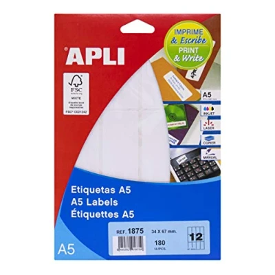 Imagen de APLI 1875 Etiquetas A5 blancas 34,0 x 67,0 mm 15 hojas