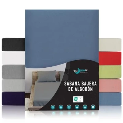 Imagen de Dreamzie Sabanas 90x190/200 Ajustable Algodon Oeko Tex Certificado Azul Sábanas Bajeras 90 x 190/200 100% Jersey