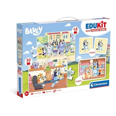 Imagen de Clementoni Edukit 4 In 1 Bluey Juego Educativo Que Incluye Dos Puzzle Infantil De 30 Y 48 Piezas, Memoria 6 Cubos Tus Personajes Favoritos, Juguete 3 5 Años, Made Italy, 18320
