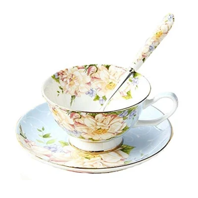 Imagen de juego de taza té, cuchara y platillo porcelana china vintage, con caja regalo bordes dorados
