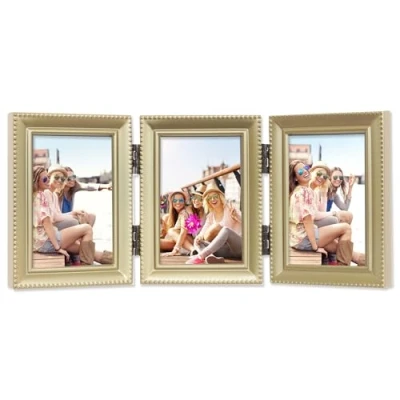 Imagen de Lawrence Frames Marco de fotos triple latón envejecido con bisagras 2 x 3 pulgadas, diseño borde cuentas