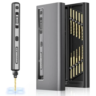 Imagen de ARROWMAX Mini bolígrafo eléctrico de 4 velocidades, 10 pequeños brocas perforación con caja aluminio, pantalla OLED, luces LED, juego resina para joyas, plástico (SDS Ultra)