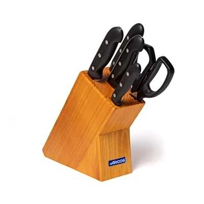Imagen de Arcos Juego de Cuchillos Cocina con 5 piezas Acero Inoxidable Nitrum. Bloque profesionales. Mango ergonómico polioximetileno POM. Serie Maitre. Cuchillo multiusos. Color negro.