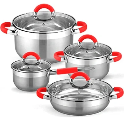 Imagen de gridinlux® Batería de Cocina 8 piezas Munich Juego ollas Acero Inox con tapa Vidrio Templado Todo tipo Cocinas: Inducción Gas Vitro Asas Suaves Rojo