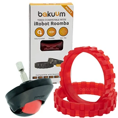 Imagen de BAKUUM Pack 2 Neumáticos + Rueda Delantera Color Rojo para iRobot Roomba Series 500 600 700 800 900 i7 e5. Gran adherencia, antideslizante