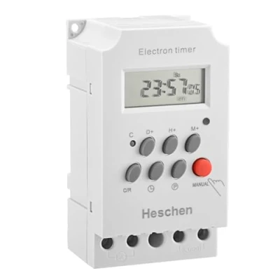 Imagen de Heschen KG316T II Interruptor temporizador de electrones programable semanal con pantalla LCD digital, 220 240 V CA, 25 A, 4 terminales tornillo