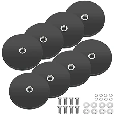 Imagen de 8 imanes de neodimio engomados 43 mm diámetro con rosca M6, 10 kg fuerza sujeción, sistemas magnéticos revestimiento goma, redondos para tornillos, ojal o gancho