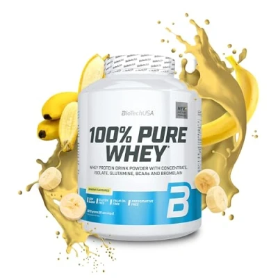 Imagen de BioTechUSA 100% Pure Whey Proteína en Polvo con BCAA y Glutamina Sin Gluten, Aceite de Palma, 2.27 kg, Plátano