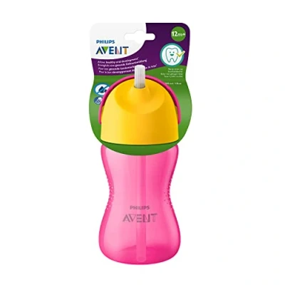 Imagen de Philips Taza sin mango con pajita de AVENT, 12 meses+, 300 ml, Rosa y Amarillo