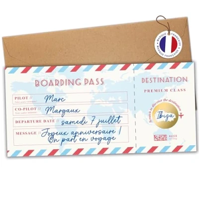 Imagen de Aliceandberry Tarjeta de viaje Sorpresa para rascar regalo Boleto embarque personalizable avión Cumpleaños, EVJF, parejas Modelo Boarding Pass Inglés