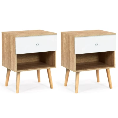 Imagen de IDMarket Juego de 2 mesitas noche Emmie escandinavas 1 cajón con nicho haya y blanco