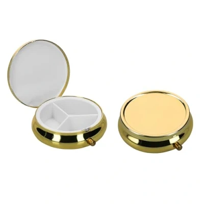 Imagen de kwmobile Pastillero metálico 3en1 Set de 2x estuche duro acero inoxidable con 3 compartimentos para medicinas dorado