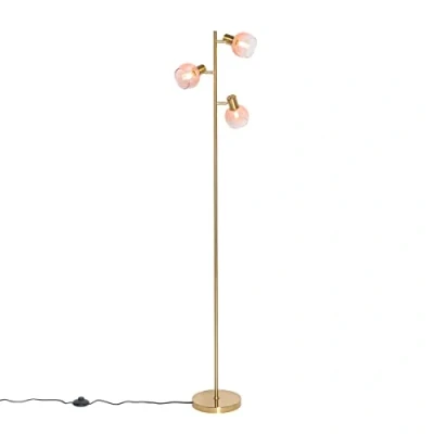 Imagen de QAZQA Art Déco Lámpara de pie Deco dorada con cristal rosa 3 luces Vidro Acero/Alargada Adecuado para LED Max. x 25 Watt