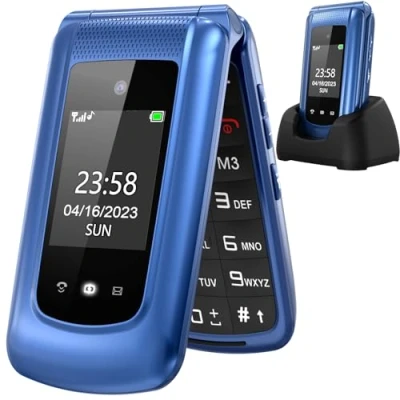 Imagen de uleway Telefono Movil para Mayores, gsm Teléfono Móviles con Teclas Grandes, SOS Botón, Doble Pantalla de 2,4+1.77 Pulgadas, Base Carga, Llamada Rápida, Sonido Fuerte Radio (Azul)