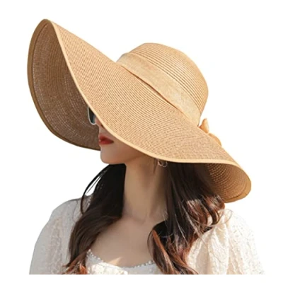 Imagen de Bamboopack Sombrero de paja para mujer, ala ancha, plegable, con lazo, UPF 50+ (color caqui)