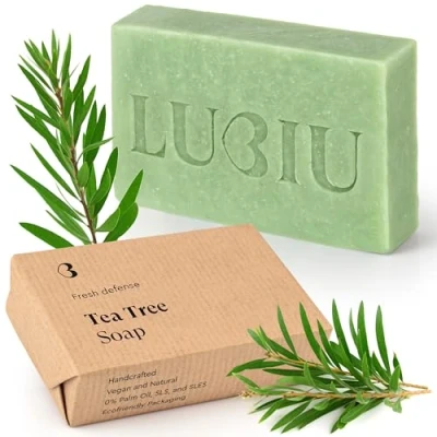 Imagen de lubiu Jabón Antibacterial Árbol del Té 100g Pastilla Jabon Natural Ideal Para Piel con Acné Cara y Cuerpo Jabones Artesanales Tea Tree Soap