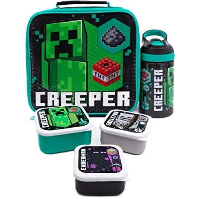 Imagen de Minecraft Lunchbag Kids Creeper Botella de agua 5 piezas 3 ollas bocadillos