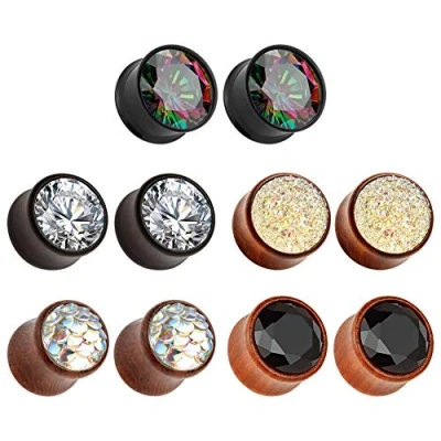 Imagen de TBOSEN 5 Pares de Pendientes Túneles Madera Calibre Conjunto Joyería para el Cuerpo Piedra Circón Expansores Tapones Los Oídos