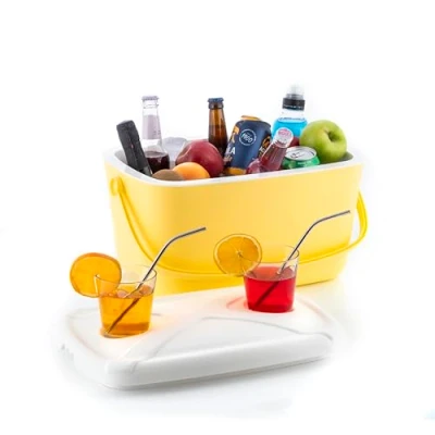 Imagen de InnovaGoods® Nevera portatil 15L, Playa con Tapa Multiuso x2 portavasos, portátil Diseño Vintage, Cesta Picnic Ideal para Camping, picnics, jardín, Playa, Piscina. Amarillo