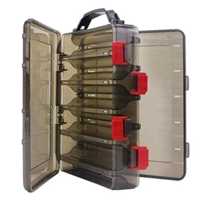 Imagen de caja de aparejos pesca doble cara plástico duro transparente para señuelos pesca, anzuelos calamar, pececillos, almacenamiento accesorios (marrón, 10 ranuras)