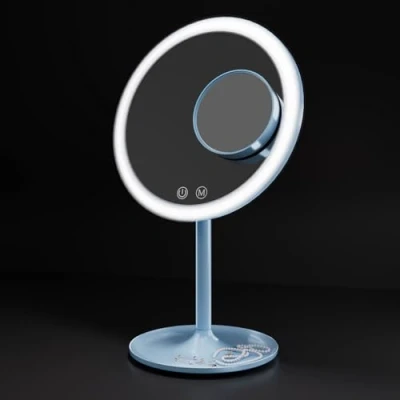 Imagen de EMKE® Espejo cosmético con iluminación, Iluminado Azul Claro 1X/3X, de Maquillaje LED Giratorio 90 3 Colores luz Regulable, Recargable por USB, Mesa para