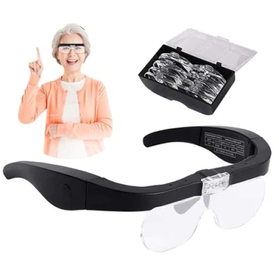 Imagen de DXIA Lupa de Cabeza 2 LED,LED Gafas con Luz, Luz Manos Libres Lupas Aumento,4 Lentes Intercambiables,1.5X 5X,para Leer, Soldar, Reparación Joyería y Trabajo Precisión