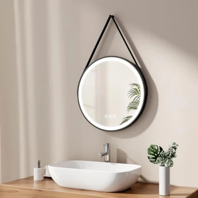 Imagen de EMKE Espejo de baño Redondo 50 cm, Pared con luz, Interruptor táctil y función antivaho, 3 Colores luz Variables, Marco Negro Correa Ajustable