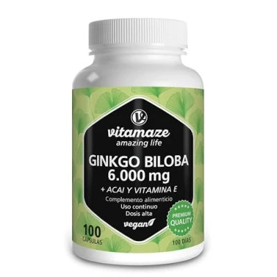 Imagen de Ginkgo Biloba (50:1) 6000 mg con L Carnitina + Vitamina E y Extracto de Acai Dosis Alta, Vegano, 100 Cápsulas para Días, Suplemento Puro sin Aditivos Innecesarios, Calidad Alemana. Vitamaze®
