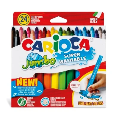 Imagen de Carioca Rotuladores Jumbo Punta Gruesa Caja de 24 Superlavables y con gran Cobertura Cuerpo Octogonal Maxi Colores Surtidos Ø 6 mm piezas