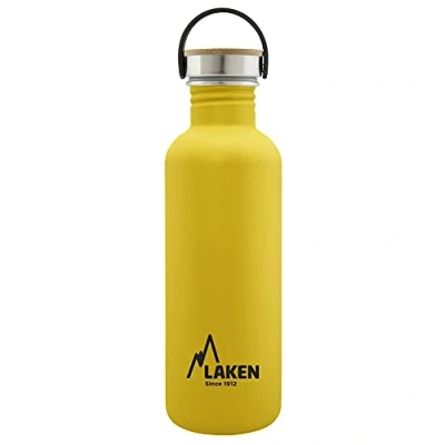Imagen de LAKEN Botella Agua Acero Inoxidable con Tapón Bamboo y Boca Ancha, (1L Amarillo) Reutilizable, Ideal para Montaña, Camping, Deportes más