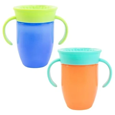 Imagen de Nuby Botella de agua con asa, sin derrames, 210 ml, bebida desde cualquier ángulo, apta para lavavajillas, BPA, apto 4 meses más (paquete 2, azul/naranja)