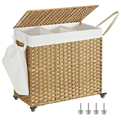 Imagen de SONGMICS Cesto Ropa Sucia con Tapa, 160 L, Cesta Colada Estilo Ratán Ruedas, 3 Compartimentos, Bolsa Interior Extraíble, para Lavandería, Dormitorio, 70 x 36 66 cm, Natural LCB365N01