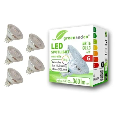 Imagen de greenandco 5x Spot LED IRC 90+ 3000K 110 GU5.3 MR16 6W (corresponde a 25W) 360lm SMD 12V AC/DC, no regulable