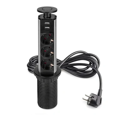 Imagen de Emuca Regletas Enchufe encastrable, Regleta multienchufe retráctil, 3 enchufes EU y 2 Puertos USB, Torre de Vertical empotrable para encimera, Pintado Negro, Plástico Aluminio