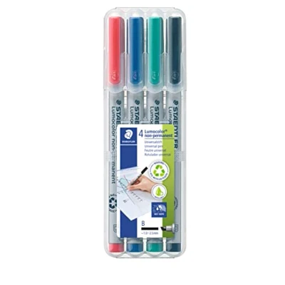 Imagen de STAEDTLER Lumocolor Non Permanent 312 WP4 Rotulador no Permanente Punta biselada (B) de 1,0 2,5 mm Aprox. Estuche Exclusivo Box con 4 rotuladores en Colores Negro, Azul, Rojo y Verde