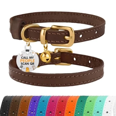 Imagen de BRONZEDOG Collar de cuero para gato con campanas, etiqueta QR gatito no separable niña y niño (marrón oscuro dorado, 18 22 cm)
