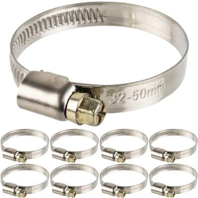Imagen de Abrazaderas de manguera con tornillo sin fin, 8 pzs, rango sujeción Ø 32 50 mm, para mangueras 1 1/2&quot;, acero W2, escotadura en cruz 7, ancho banda 9 conexión lavavajillas