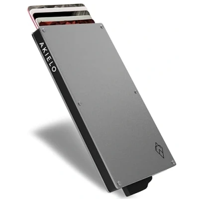 Imagen de AKIELO Tarjetero de Hombre Bloqueo RFID con Caja Regalo Minimalista Cartera para Tarjetas y Protector Contactless (Alpha Edición Plata)
