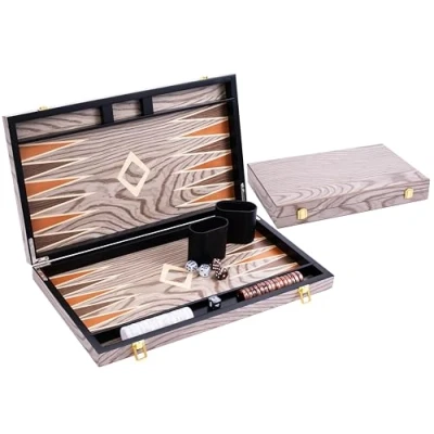 Imagen de Engelhart 250543 Backgammon de Lujo 18 Pulgadas Chapa Madera ébano y Barniz Gris