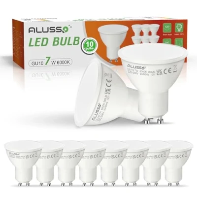 Imagen de ALUSSO 7W Bombilla LED GU10, Blanco Frío 6000K 560Lm, equivalente a 70W Halógena, 120 ángulo de haz, no regulable, paquete 10