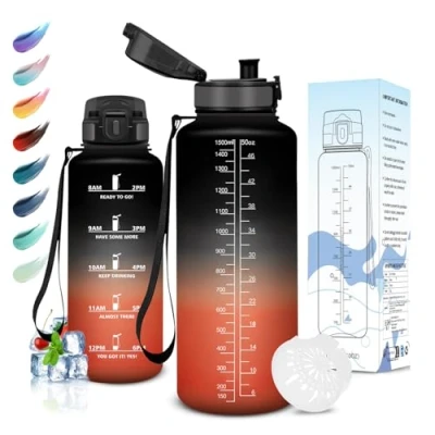 Imagen de Motswedi Botella Agua, 1500ml sin BPA, de Reutilizable, Cantimplora, con Marcador Tiempo, Agua Gimnasio, para Niños, Deporte, Running, Bicicleta, Negro Rojo
