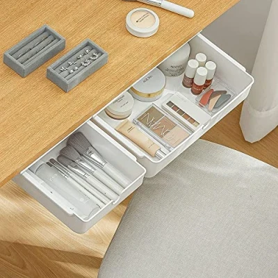 Imagen de FRETONBA cajón debajo del escritorio, 2 cajones organizadores caja de almacenamiento, autoadhesivos organizador para oficina, oculto blanco