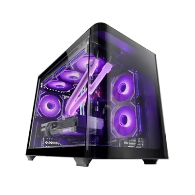 Imagen de MARSGAMING MC FUSIONM, Caja Gaming Micro ATX, Ventana Lateral y Frontal Curvo de Cristal Templado Continuo, Minitorre PC Doble Cámara, Soporte Refrigeración Líquida, Espacio Interno Optimizado, Negro