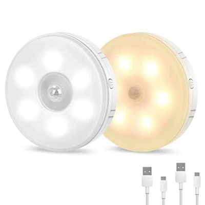Imagen de Tailcas Luz Nocturna Sensor Movimiento, 4 Modos Infantil (Frío/Cálido AUTO/ON/Off), USB Recargable LED Armario Para Escalera, Pasillo, Sótano, Cocina, Gabinete(2 PAQUETES)