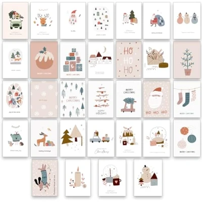 Imagen de the lazy panda card company Juego de 64 postales Navidad con 32 diseños diferentes y acogedores tradicionales rústicos