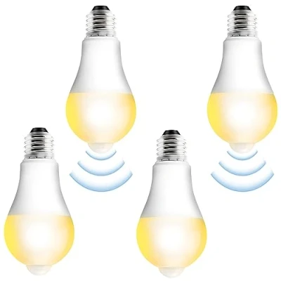 Imagen de 4 bombillas LED E27 con detector de movimiento: bombilla movimiento PIR lámpara 15 W blanco cálido 3000 K sensor luz bajo consumo para pasillo, garaje, escalera, balcón