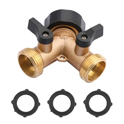 Imagen de Divisor de manguera 2 vías en forma Y rosca estándar europea 3/4, con válvulas individuales encendido/apagado latón, conectores macho manguera, jardín, césped