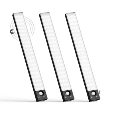Imagen de LQWELL® Lámpara de Armario con 54 LEDs, Sensor Movimiento Inalámbrico, 32 cm, 1800 mAh, Recargable, Regulable, Para cocina, Armario, Estantería, Dormitorio (Negro, 3 piezas)